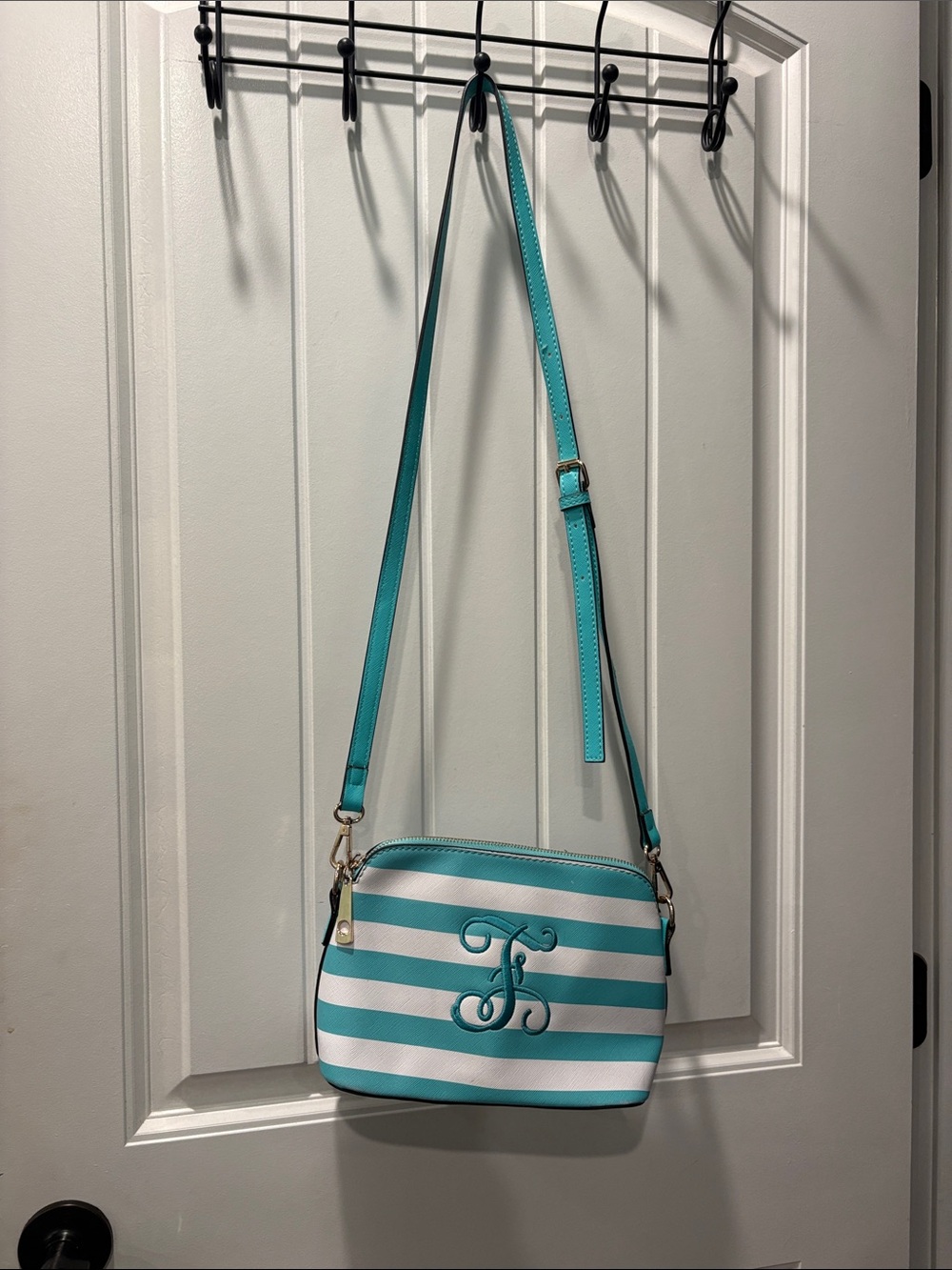 Striped Teal and White Crossbody Bag with Monogram Accent F